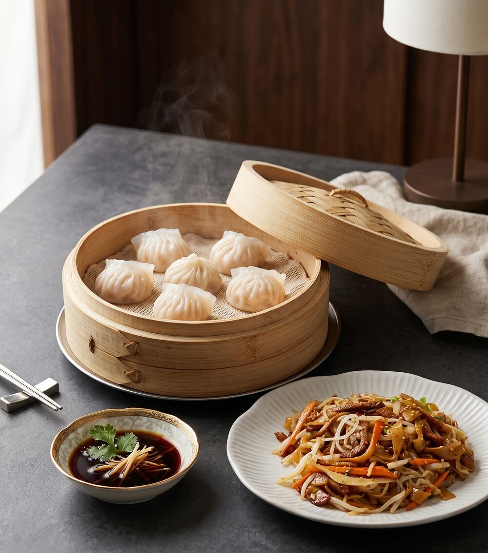 Steamed dim sum in bamboo basket and craft noodles served at Dimsum and Noodle Bar