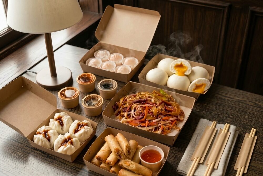 Piping hot dim sum, molten lava buns, noodles, and spring rolls packed in takeout containers