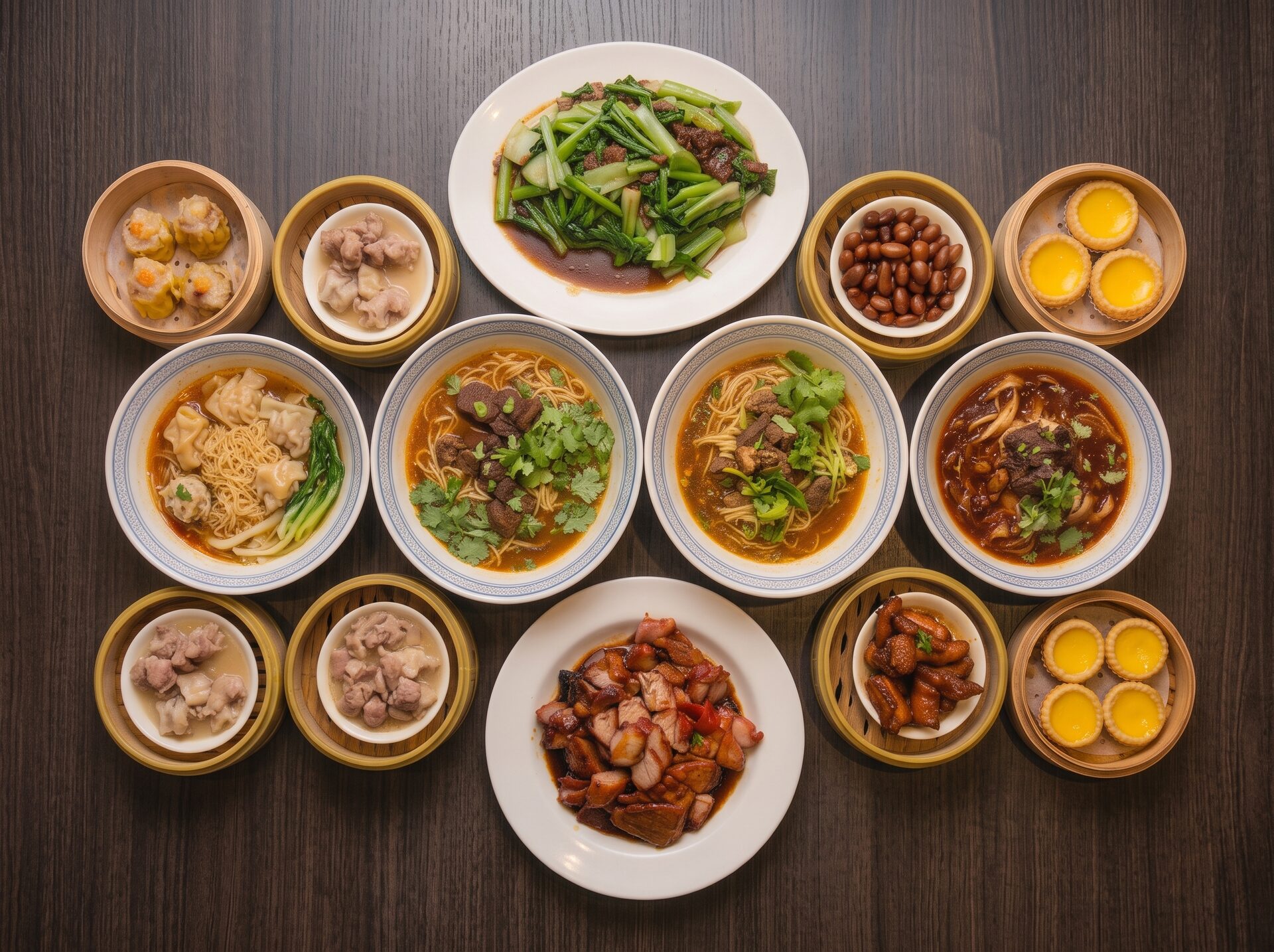 Authentic banquet spread of handmade dim sum, steaming noodle bowls, and chef specialties at Dimsum and Noodle Bar